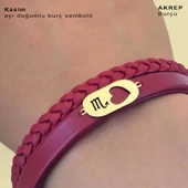 14 Ayar Altın Plakalı Doğum Ayına Özel Kalp Detaylı Oval Figürlü Doğal Bordo Derili Hediye Bileklik-559 thumbnail 3