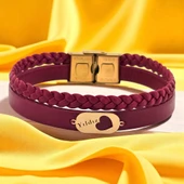 14 Ayar Altın Plakalı İsme Özel Kalp Detaylı Oval Figürlü Doğal Bordo Derili Hediye Bileklik-559 thumbnail 1