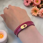 14 Ayar Altın Plakalı İsme Özel Kalp Detaylı Oval Figürlü Doğal Bordo Derili Hediye Bileklik-559 thumbnail 2