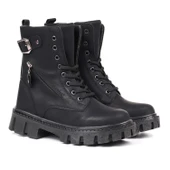 Kadın Siyah Postal Bot – Kalın Taban Fermuarlı Bağcıklı Tokalı Rahat Günlük Şık ve Dayanıklı thumbnail 2