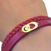 14 Ayar Altın Plakalı Sembole Özel Doğal Bordo Derili Kalp Detaylı Oval Figürlü Hediye Bileklik-559 thumbnail 3