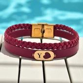 14 Ayar Altın Plakalı Harfe Özel Kalp Detaylı Oval Figürlü Doğal Bordo Derili Hediye Bileklik-559 thumbnail 1