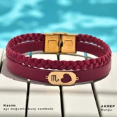 14 Ayar Altın Plakalı Doğum Ayına Özel Kalp Detaylı Oval Figürlü Doğal Bordo Derili Hediye Bileklik-559 thumbnail 1