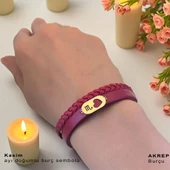 14 Ayar Altın Plakalı Doğum Ayına Özel Kalp Detaylı Oval Figürlü Doğal Bordo Derili Hediye Bileklik-559 thumbnail 2