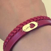 14 Ayar Altın Plakalı İsme Özel Kalp Detaylı Oval Figürlü Doğal Bordo Derili Hediye Bileklik-559 thumbnail 3