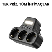 3’lü Duvar Tipi Akım Korumalı Priz  2 USB A + 2 Type C Girişli  LED Gece Lambalı Akıllı Çoklu Priz - 6