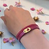 14 Ayar Altın Plakalı Sembole Özel Doğal Bordo Derili Kalp Detaylı Oval Figürlü Hediye Bileklik-559 thumbnail 2