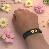 14 Ayar Altın Plakalı Doğum Ayına Özel Kalp Detaylı Oval Motifli Koyu Yeşil Derili Hediye Bileklik-560 thumbnail 2