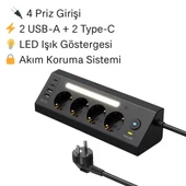 4’lü Akım Korumalı Priz  2 USB-C 2 USB-A Çıkış  LED Işıklı Şarj İstasyonu  2 Metre Kablo  Hızlı ve Güvenli Kullanım - 4