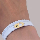 14 Ayar Altın Plakalı Harfe Özel Kalp Detaylı Oval Figürlü Doğal Beyaz Derili Hediye Bileklik-561 thumbnail 3