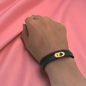 14 Ayar Altın Plakalı Harfe Özel Kalp Detaylı Oval Motifli Koyu Yeşil Derili Hediye Bileklik-560 thumbnail 2