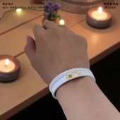 14 Ayar Altın Plakalı Doğum Ayına Özel Kalp Detaylı Oval Figürlü Doğal Beyaz Derili Hediye Bileklik-561 thumbnail 2