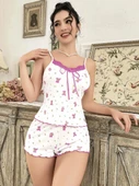 Kadın Gül ve Kiraz Desenli Şortlu Gecelik Takım 5112 thumbnail 4