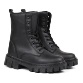 Kadın Siyah Postal Bot – Kalın Taban Fermuarlı Bağcıklı Rahat Günlük Şık ve Dayanıklı - 6