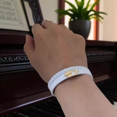 14 Ayar Altın Plakalı İsme Özel Kalp Detaylı Oval Figürlü Doğal Beyaz Derili Hediye Bileklik-561 thumbnail 2