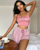 Kadın pembe çizgili desen Askılı Şortlu Pijama Takım 5002 - 5
