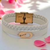 14 Ayar Altın Plakalı İsme Özel Kalp Detaylı Oval Figürlü Doğal Beyaz Derili Hediye Bileklik-561 thumbnail 1