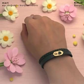 14 Ayar Altın Plakalı Burca Özel Kalp Detaylı Oval Motifli Koyu Yeşil Derili Hediye Bileklik-560 thumbnail 2