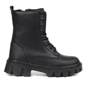 Kadın Siyah Postal Bot – Kalın Taban Fermuarlı Bağcıklı Rahat Günlük Şık ve Dayanıklı - 12