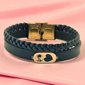 14 Ayar Altın Plakalı Sembole Özel Koyu Yeşil Derili Kalp Detaylı Oval Motifli Hediye Bileklik-560 thumbnail 1