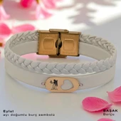 14 Ayar Altın Plakalı Burca Özel Kalp Detaylı Oval Figürlü Doğal Beyaz Derili Hediye Bileklik-561 thumbnail 1