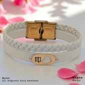 14 Ayar Altın Plakalı Doğum Ayına Özel Kalp Detaylı Oval Figürlü Doğal Beyaz Derili Hediye Bileklik-561 thumbnail 1