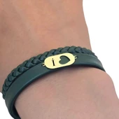 14 Ayar Altın Plakalı Harfe Özel Kalp Detaylı Oval Motifli Koyu Yeşil Derili Hediye Bileklik-560 thumbnail 3