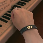 14 Ayar Altın Plakalı Sembole Özel Koyu Yeşil Derili Kalp Detaylı Oval Motifli Hediye Bileklik-560 thumbnail 2