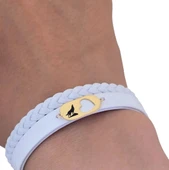 14 Ayar Altın Plakalı Sembole Özel Doğal Beyaz Derili Kalp Detaylı Oval Figürlü Hediye Bileklik-561 thumbnail 3