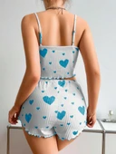 Kadın Beyaz Mavi Kalp Desenli Askılı Şortlu Pijama Takım 5043 - 3