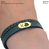 14 Ayar Altın Plakalı Doğum Ayına Özel Kalp Detaylı Oval Motifli Koyu Yeşil Derili Hediye Bileklik-560 thumbnail 3