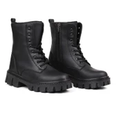 Kadın Siyah Postal Bot – Kalın Taban Fermuarlı Bağcıklı Rahat Günlük Şık ve Dayanıklı - 1