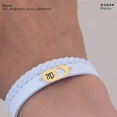 14 Ayar Altın Plakalı Doğum Ayına Özel Kalp Detaylı Oval Figürlü Doğal Beyaz Derili Hediye Bileklik-561 thumbnail 3