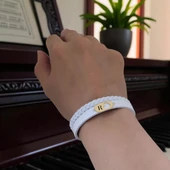 14 Ayar Altın Plakalı Harfe Özel Kalp Detaylı Oval Figürlü Doğal Beyaz Derili Hediye Bileklik-561 thumbnail 2