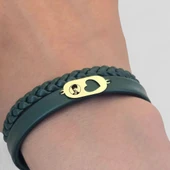 14 Ayar Altın Plakalı Sembole Özel Koyu Yeşil Derili Kalp Detaylı Oval Motifli Hediye Bileklik-560 thumbnail 3