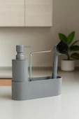 Gri Sabunluk Fırçalı Mutfak Lavabo Düzenleyici Seti- Sabunluk,Fırça Ve Organizer thumbnail 4