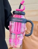 ICE CREAM Tasarımlı Pipetli Suluk 1.3 Litre Büyük Hacimli, Şeffaf Renkli Matara, Sızdırmaz Kapak - 1