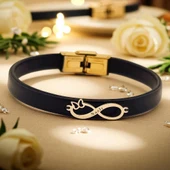 14 Ayar Altın Plakalı İsme Özel Sonsuzluk ve Kelebek Motifli Doğal Siyah Derili Hediye Bileklik-562 thumbnail 1
