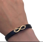 14 Ayar Altın Plakalı İsme Özel Sonsuzluk ve Kelebek Motifli Doğal Siyah Derili Hediye Bileklik-562 thumbnail 3