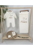 gros shop Müslin Yeni Doğan 4Katlı Organik %100Pamuk Kişiye Özgü Nakışlı Hastane Çıkış Seti (Kuş Model-2) thumbnail 2