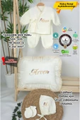 gros shop Müslin Yeni Doğan 4Katlı Organik %100Pamuk Kişiye Özgü Nakışlı Hastane Çıkış Seti-Papatya thumbnail 1