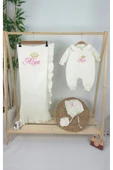 gros shop Müslin Yeni Doğan 4Katlı Organik %100Pamuk Kişiye Özgü Nakışlı Hastane Çıkış Seti-Taçlı Gold thumbnail 2