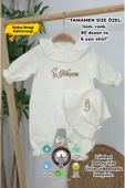 gros shop Müslin Yeni Doğan 4Katlı Organik %100Pamuk Kişiye Özgü Nakışlı Hastane Çıkış Seti(Ördek Model-1) - 1