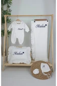 gros shop Müslin Yeni Doğan 2Katlı Organik %100Pamuk Kişiye Özgü Nakışlı Hastane Çıkış Seti (Kalpli Model-2) - 2