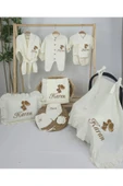 gros shop Müslin Yeni Doğan 4Katlı Organik %100Pamuk Kişiye Özgü Nakışlı Hastane Çıkış Seti (Ayıcık Model-6) - 2