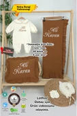 gros shop Müslin Yeni Doğan 4Katlı Organik %100Pamuk Kişiye Özgü Nakışlı Hastane Çıkış Seti (Kahverengi Set-1) - 1