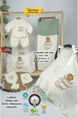 gros shop Müslin Yeni Doğan 4Katlı Organik %100Pamuk Kişiye Özgü Nakışlı Hastane Çıkış Seti (Aslan Model-2) - 1
