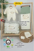 gros shop Müslin Yeni Doğan 4Katlı Organik %100Pamuk Kişiye Özgü Nakışlı Hastane Çıkış Seti (Güllü Model-5) - 1