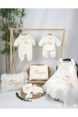 gros shop Müslin Yeni Doğan 4Katlı Organik %100Pamuk Kişiye Özgü Nakışlı Hastane Çıkış Seti(Çiçekli Model-1) thumbnail 1