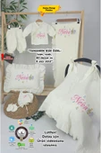 gros shop Müslin Yeni Doğan 4Katlı Organik %100Pamuk Kişiye Özgü Nakışlı Hastane Çıkış Seti (Nota Model) thumbnail 1